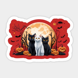 "Harmonious Halloween: Cat Lovers Under the Big Full Moon with Black and White triple cats" Sticker